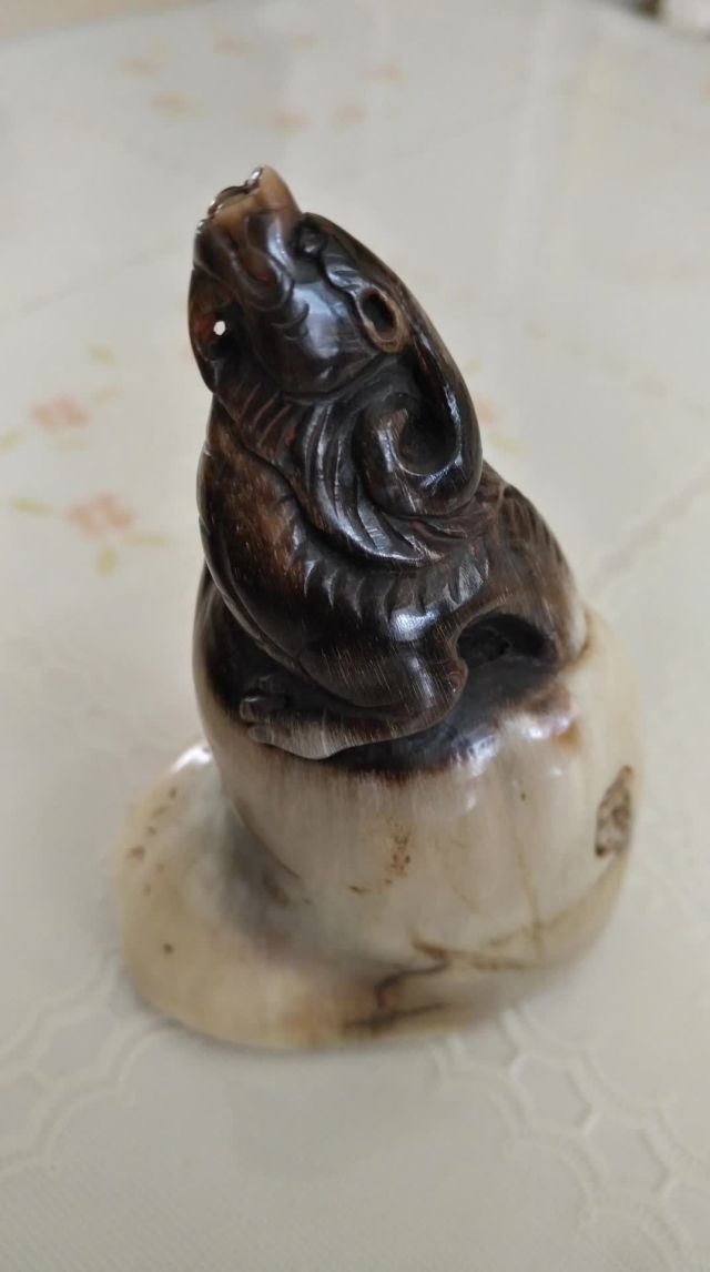 清代犀牛角雕朝天吼.